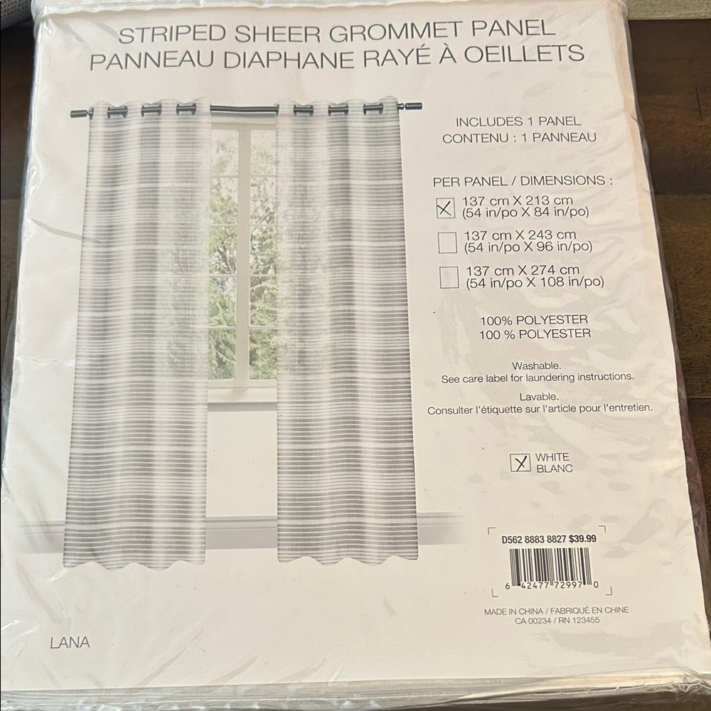 Distinctly Home Lana White Striped Sheer
NWT
Grey Grommet Panel Curtain 54Wx84L